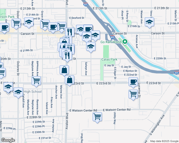 map of restaurants, bars, coffee shops, grocery stores, and more near 22129 Bonita Street in Carson