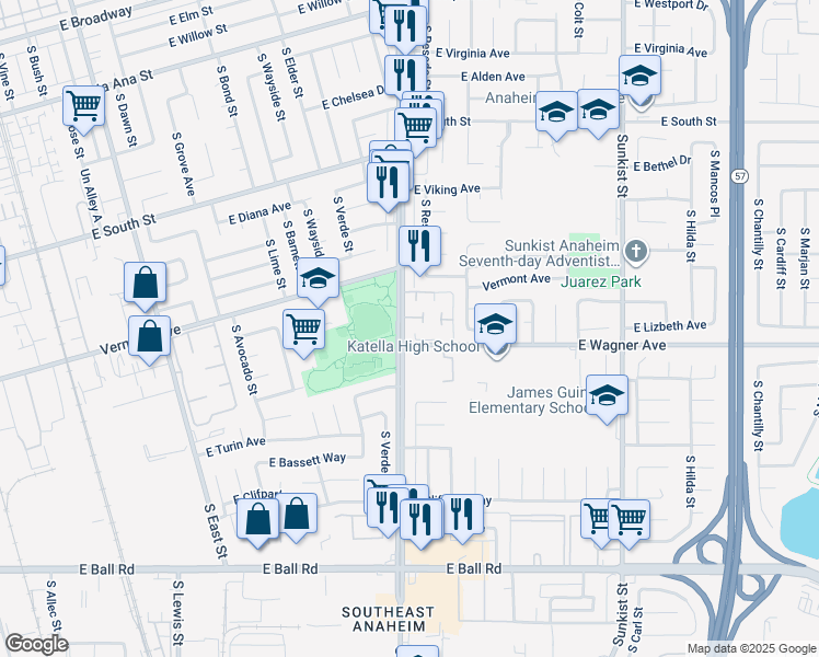 map of restaurants, bars, coffee shops, grocery stores, and more near 961 South Mintwood Lane in Anaheim