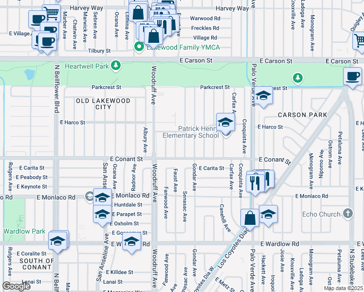 map of restaurants, bars, coffee shops, grocery stores, and more near 3731 Senasac Avenue in Long Beach