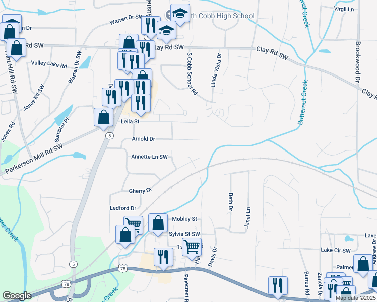 map of restaurants, bars, coffee shops, grocery stores, and more near 1563 Brannon Circle in Austell