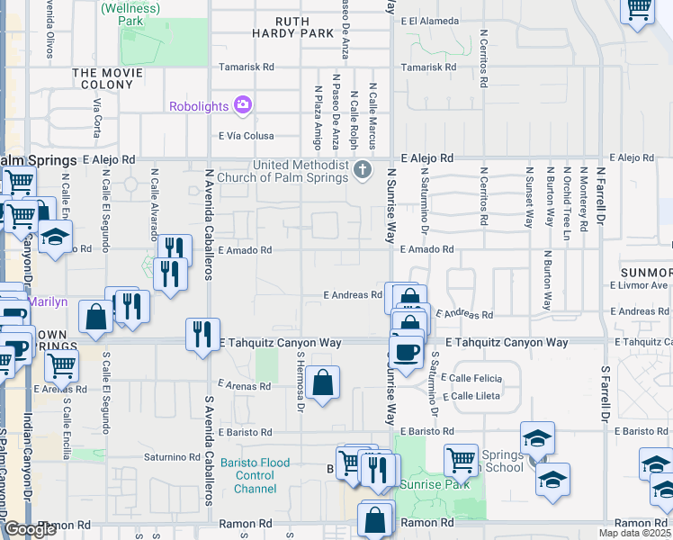 map of restaurants, bars, coffee shops, grocery stores, and more near 1321 East Amado Road in Palm Springs
