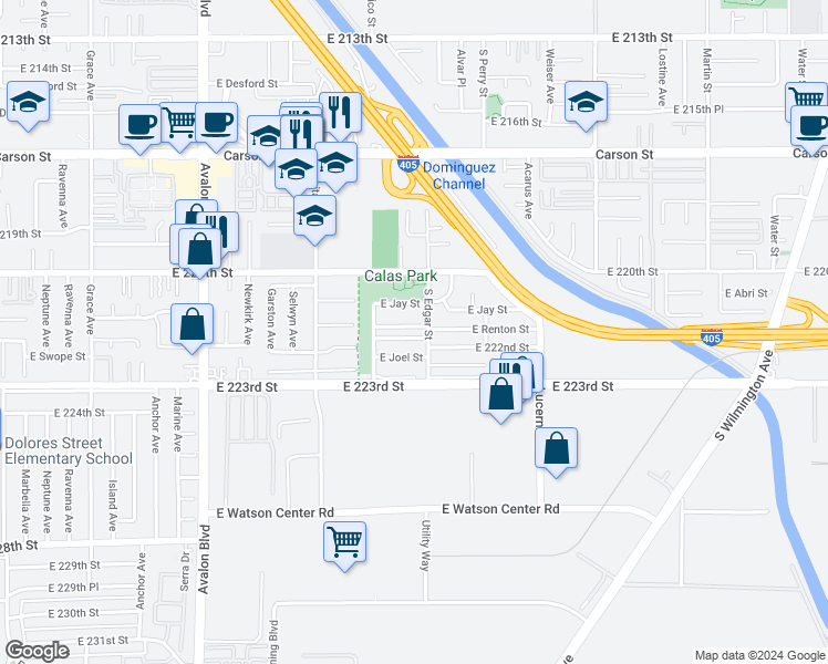 map of restaurants, bars, coffee shops, grocery stores, and more near 1047 East Spicer Street in Carson