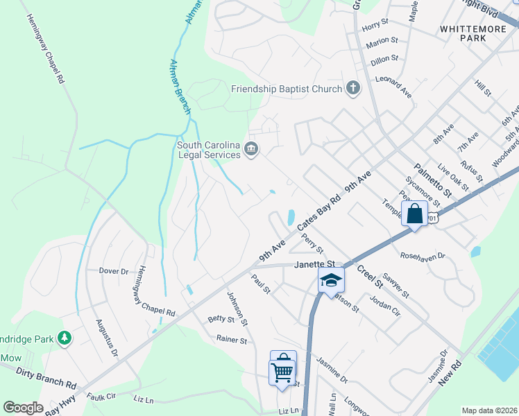 map of restaurants, bars, coffee shops, grocery stores, and more near 909 Creel Street in Conway