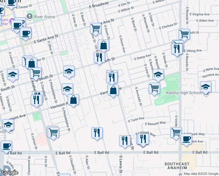 map of restaurants, bars, coffee shops, grocery stores, and more near 888 South Rose Place in Anaheim