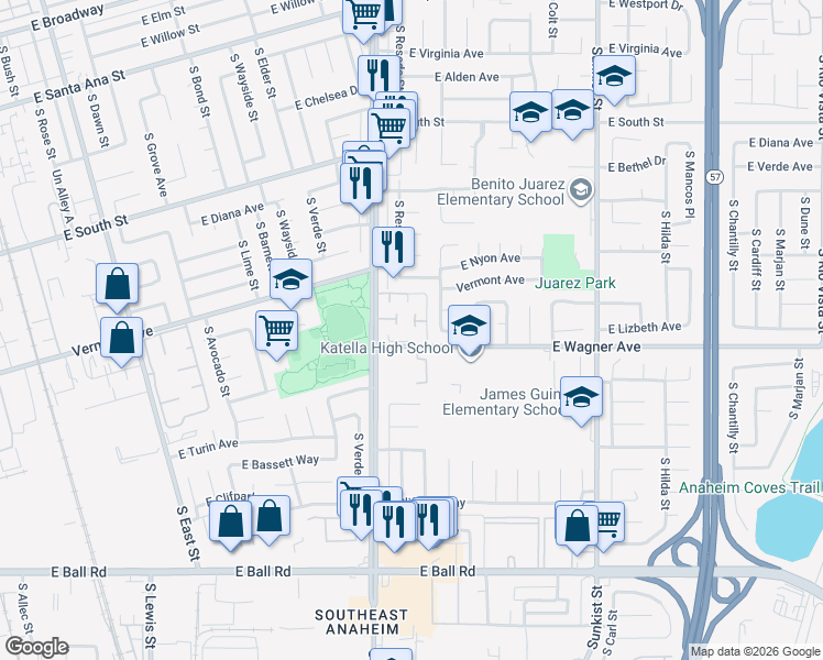 map of restaurants, bars, coffee shops, grocery stores, and more near 937 South Firwood Lane in Anaheim