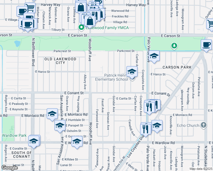 map of restaurants, bars, coffee shops, grocery stores, and more near 3731 Senasac Avenue in Long Beach