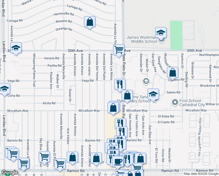 map of restaurants, bars, coffee shops, grocery stores, and more near 30551 Avenida Los Ninos in Cathedral City