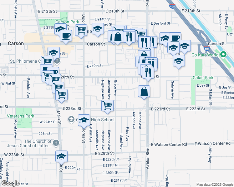 map of restaurants, bars, coffee shops, grocery stores, and more near 503 East 222nd Street in Carson