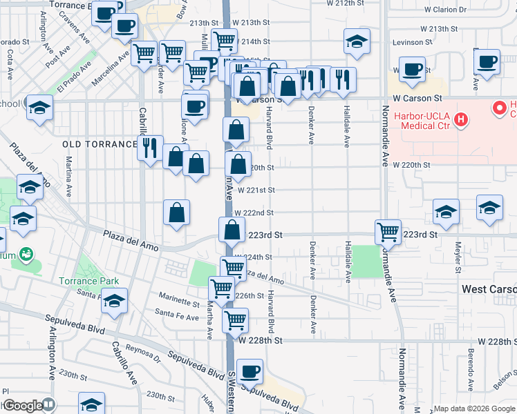 map of restaurants, bars, coffee shops, grocery stores, and more near 1617 West 222nd Street in Torrance