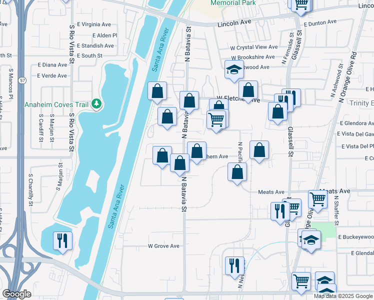 map of restaurants, bars, coffee shops, grocery stores, and more near North Batavia Street in Orange
