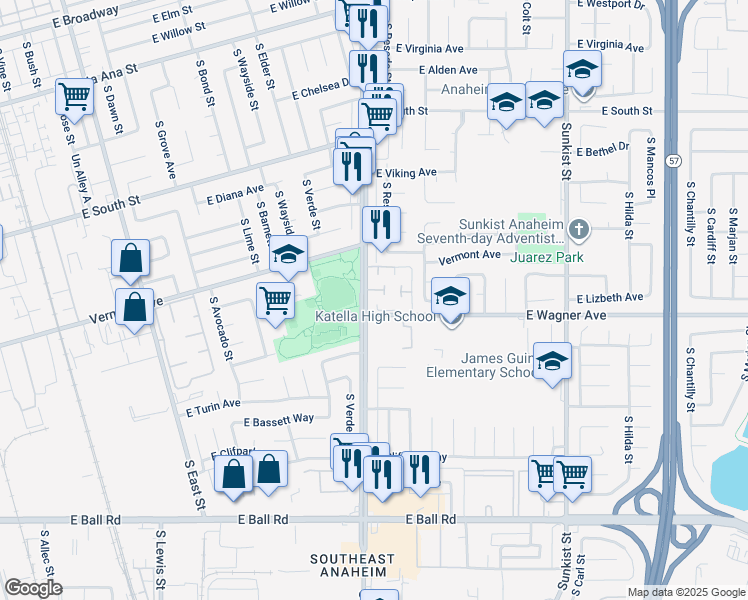 map of restaurants, bars, coffee shops, grocery stores, and more near 961 South Mintwood Lane in Anaheim