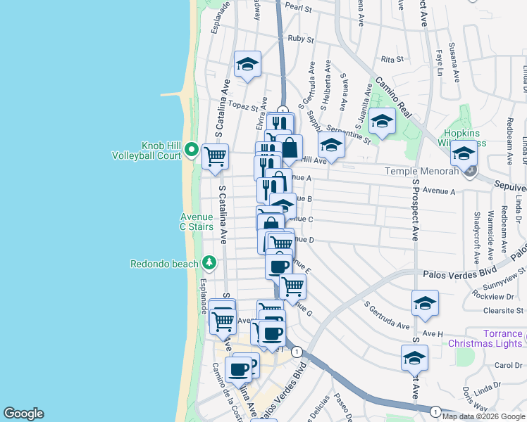 map of restaurants, bars, coffee shops, grocery stores, and more near 229 Avenue C in Redondo Beach