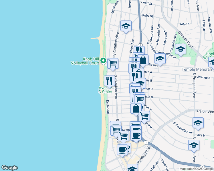 map of restaurants, bars, coffee shops, grocery stores, and more near Esplanade in Redondo Beach