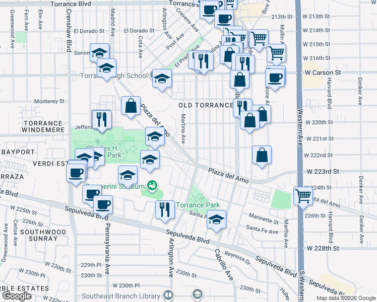 map of restaurants, bars, coffee shops, grocery stores, and more near 2157 Plaza del Amo in Torrance