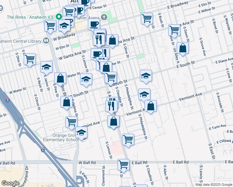 map of restaurants, bars, coffee shops, grocery stores, and more near 820 South Claudina Street in Anaheim