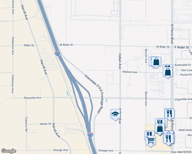 map of restaurants, bars, coffee shops, grocery stores, and more near Placentia Avenue in Perris