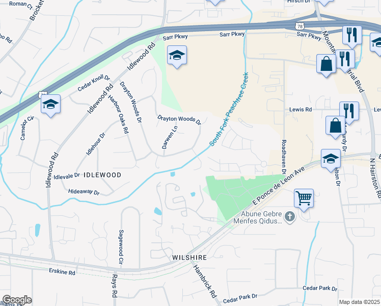 map of restaurants, bars, coffee shops, grocery stores, and more near 1448 Drayton Woods Drive in Tucker