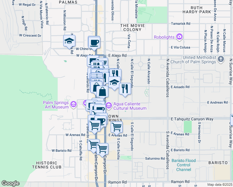 map of restaurants, bars, coffee shops, grocery stores, and more near in Palm Springs