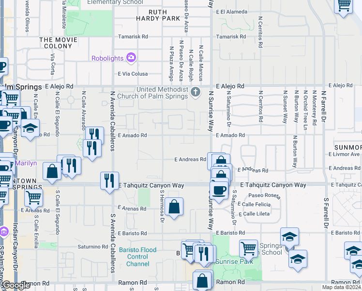 map of restaurants, bars, coffee shops, grocery stores, and more near 1321 East Amado Road in Palm Springs
