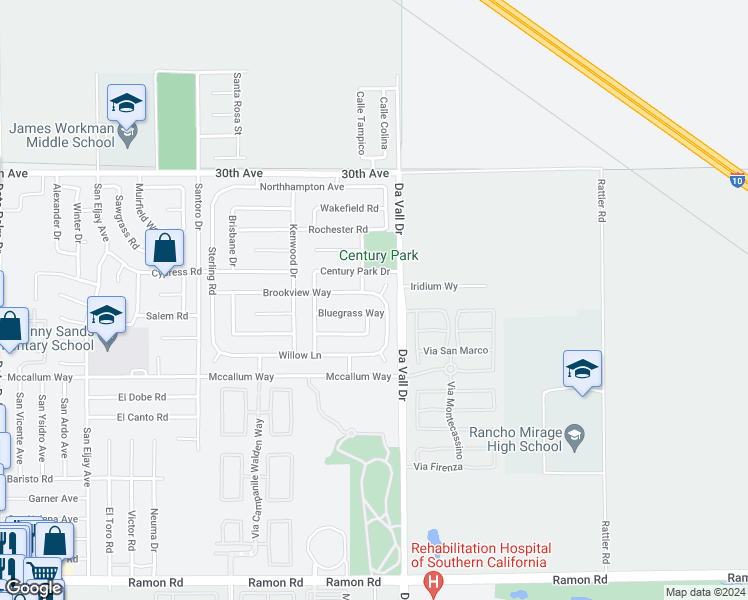 map of restaurants, bars, coffee shops, grocery stores, and more near 69987 Brookview Way in Cathedral City