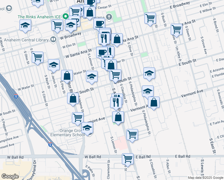 map of restaurants, bars, coffee shops, grocery stores, and more near 817 South Anaheim Boulevard in Anaheim