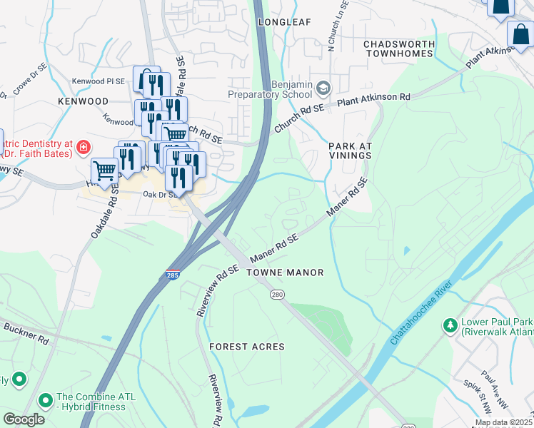 map of restaurants, bars, coffee shops, grocery stores, and more near 101-499 Maner Terrace Southeast in Smyrna