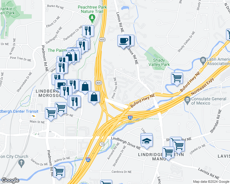map of restaurants, bars, coffee shops, grocery stores, and more near 2500 Pine Tree Road Northeast in Atlanta