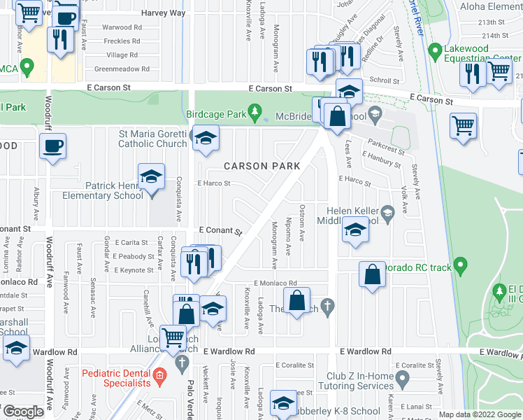 map of restaurants, bars, coffee shops, grocery stores, and more near 6557 East Walkerton Street in Long Beach