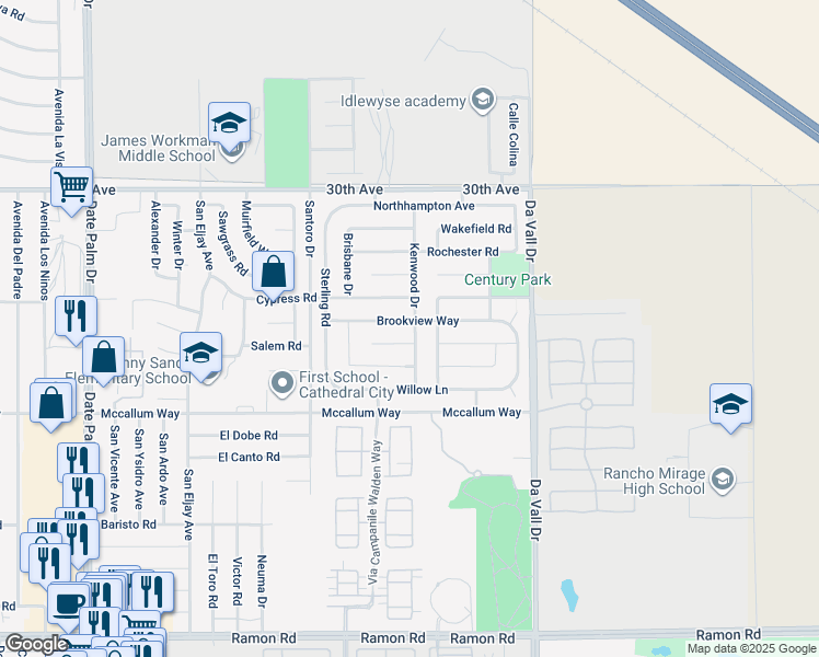 map of restaurants, bars, coffee shops, grocery stores, and more near 69735 Brookview Way in Cathedral City