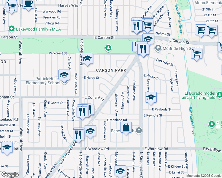 map of restaurants, bars, coffee shops, grocery stores, and more near 6557 East Walkerton Street in Long Beach