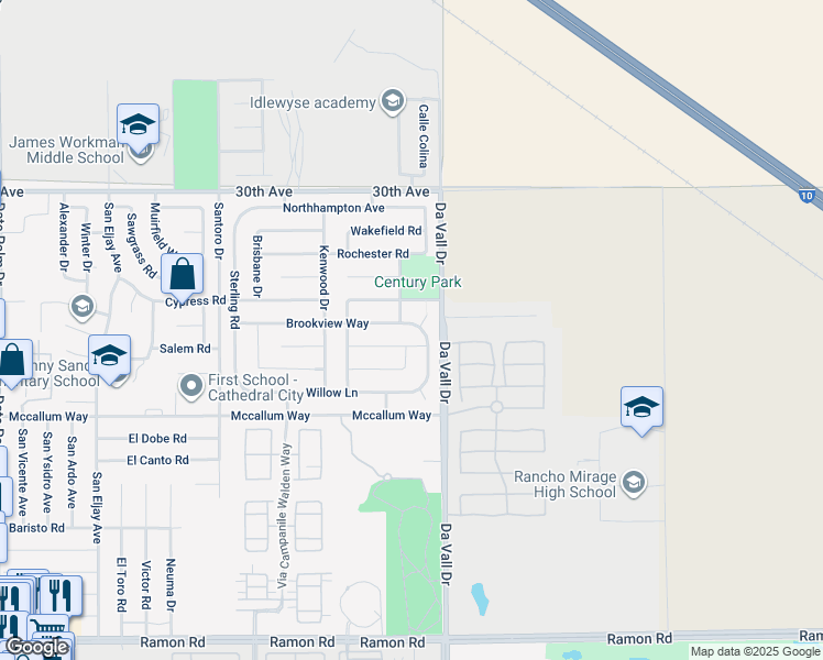 map of restaurants, bars, coffee shops, grocery stores, and more near 69987 Brookview Way in Cathedral City