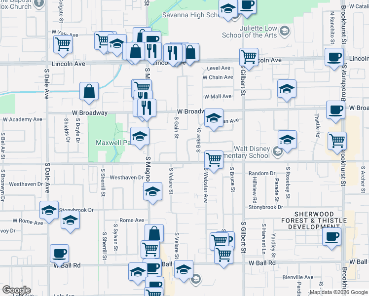 map of restaurants, bars, coffee shops, grocery stores, and more near 419 South Gain Street in Anaheim