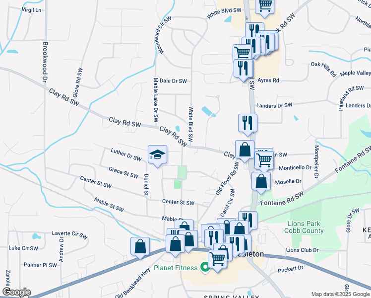 map of restaurants, bars, coffee shops, grocery stores, and more near 940 Clay Road in Mableton