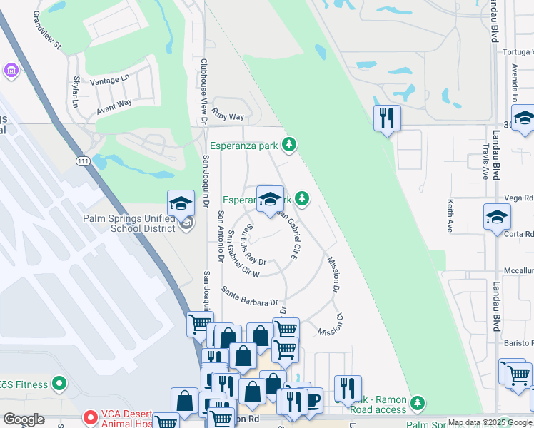 map of restaurants, bars, coffee shops, grocery stores, and more near 67160 San Gabriel Circle East in Cathedral City
