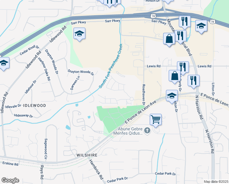 map of restaurants, bars, coffee shops, grocery stores, and more near 4447 Watson Ridge Drive in Stone Mountain
