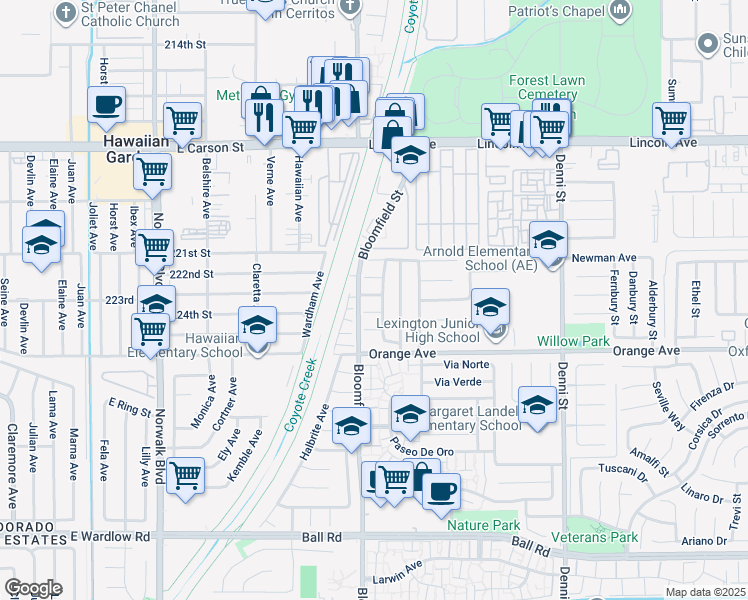 map of restaurants, bars, coffee shops, grocery stores, and more near 9364 Fleetwood Street in Cypress