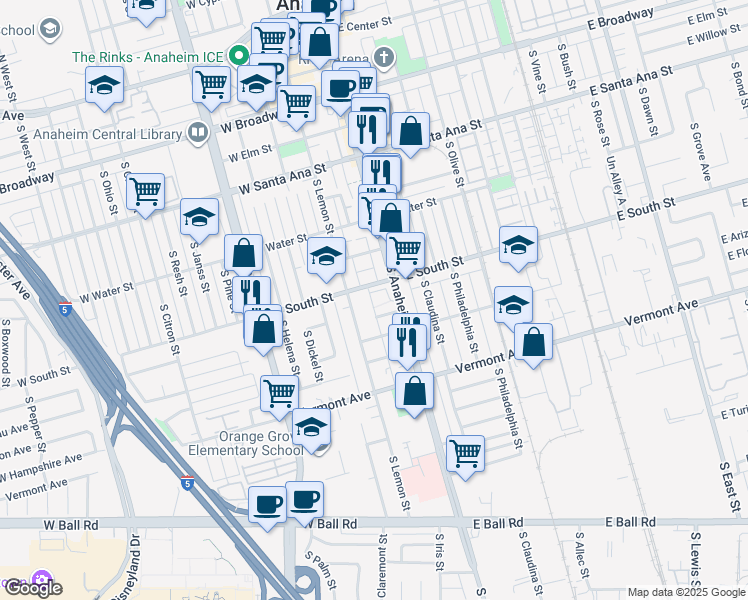 map of restaurants, bars, coffee shops, grocery stores, and more near 102 West South Street in Anaheim