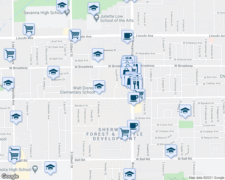 map of restaurants, bars, coffee shops, grocery stores, and more near 9831 Theresa Avenue in Anaheim
