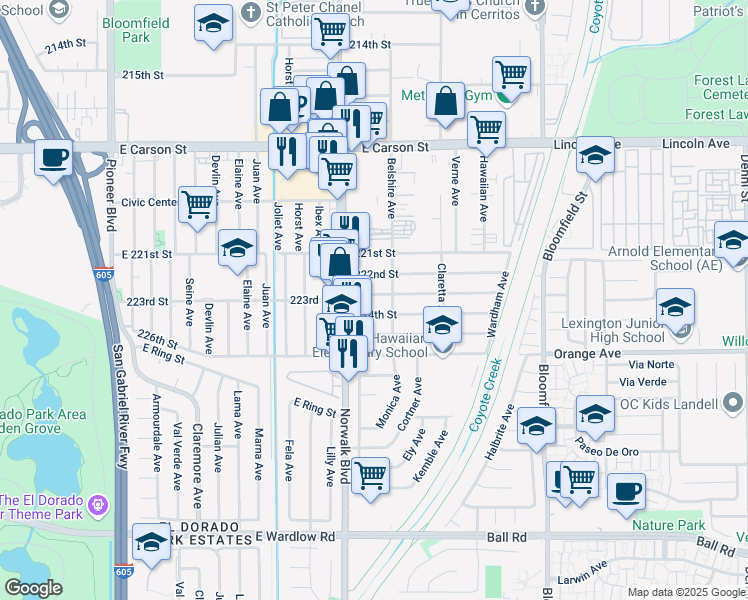 map of restaurants, bars, coffee shops, grocery stores, and more near 12225 223rd Street in Hawaiian Gardens