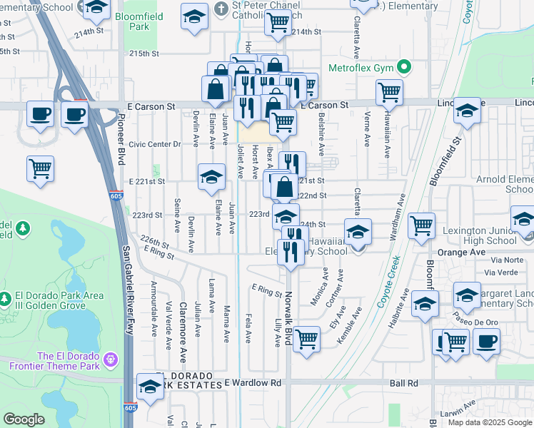map of restaurants, bars, coffee shops, grocery stores, and more near 22213 Norwalk Boulevard in Hawaiian Gardens