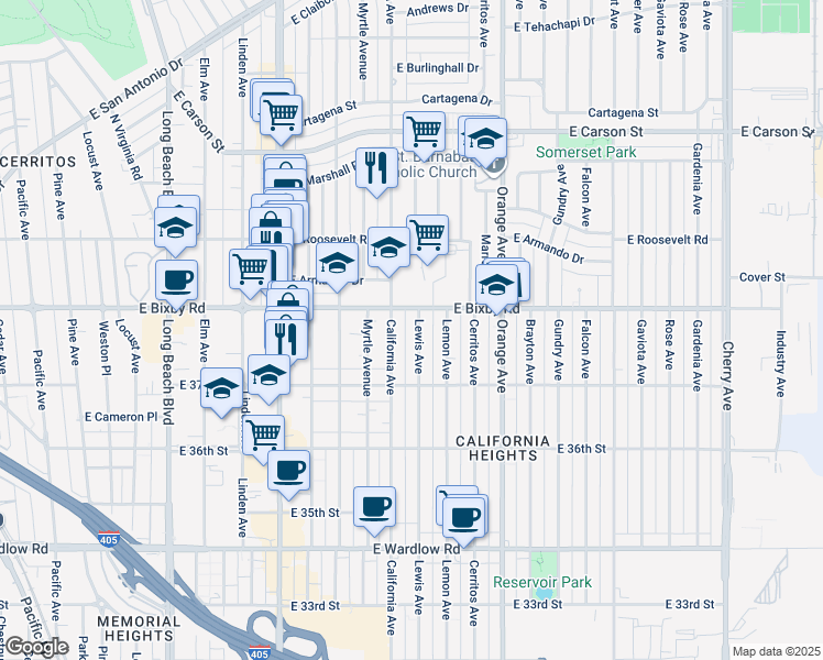 map of restaurants, bars, coffee shops, grocery stores, and more near 3770 California Avenue in Long Beach