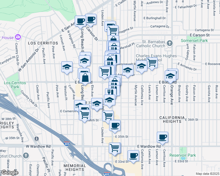 map of restaurants, bars, coffee shops, grocery stores, and more near in Long Beach