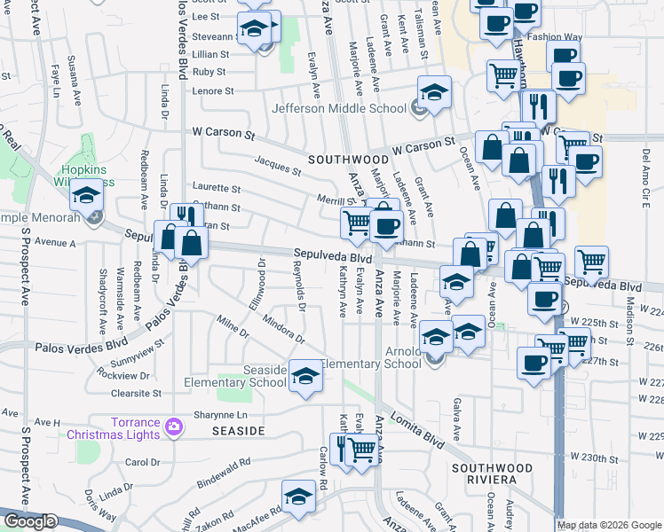 map of restaurants, bars, coffee shops, grocery stores, and more near 4575 Sepulveda Boulevard in Torrance