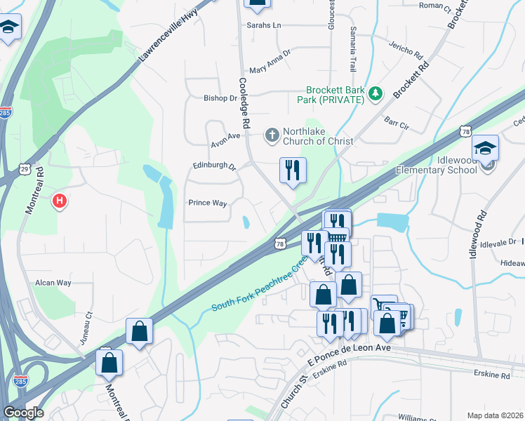 map of restaurants, bars, coffee shops, grocery stores, and more near 1540 Cooledge Road in Tucker