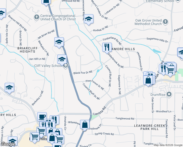 map of restaurants, bars, coffee shops, grocery stores, and more near 2083 Black Fox Drive Northeast in Atlanta