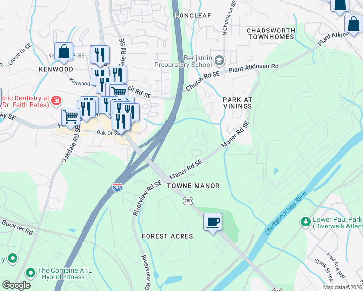 map of restaurants, bars, coffee shops, grocery stores, and more near 101-499 Maner Terrace Southeast in Smyrna