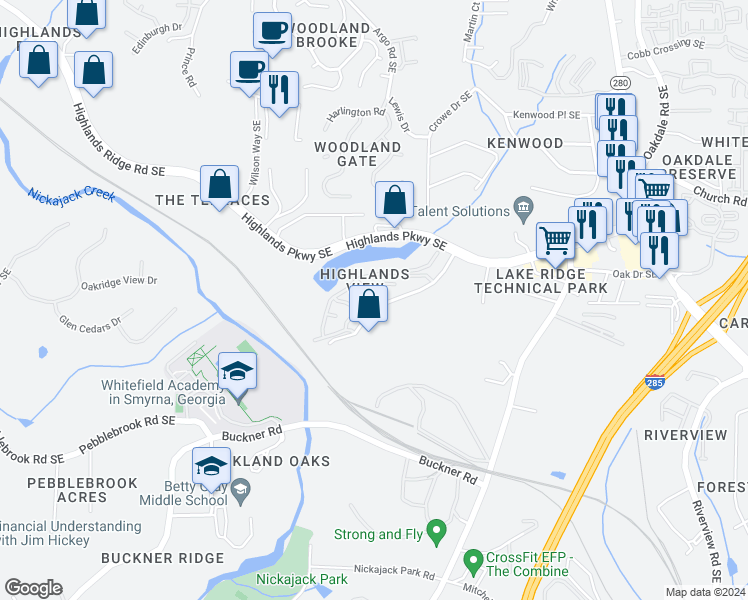 map of restaurants, bars, coffee shops, grocery stores, and more near 407 Iona Abbey Drive Southeast in Smyrna