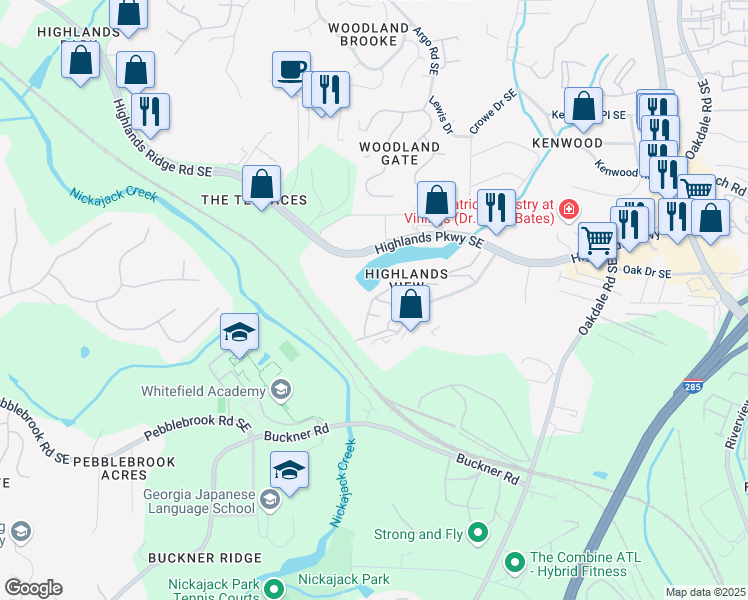 map of restaurants, bars, coffee shops, grocery stores, and more near 1730 Highlands View Drive in Smyrna