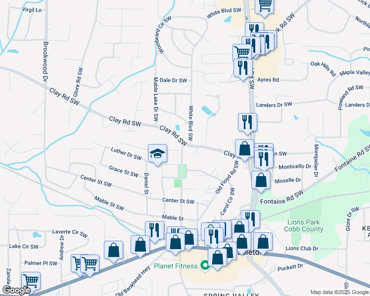 map of restaurants, bars, coffee shops, grocery stores, and more near 940 Clay Road in Mableton