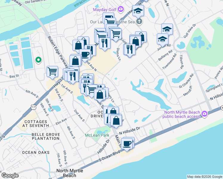 map of restaurants, bars, coffee shops, grocery stores, and more near 122 Dogwood Place in North Myrtle Beach